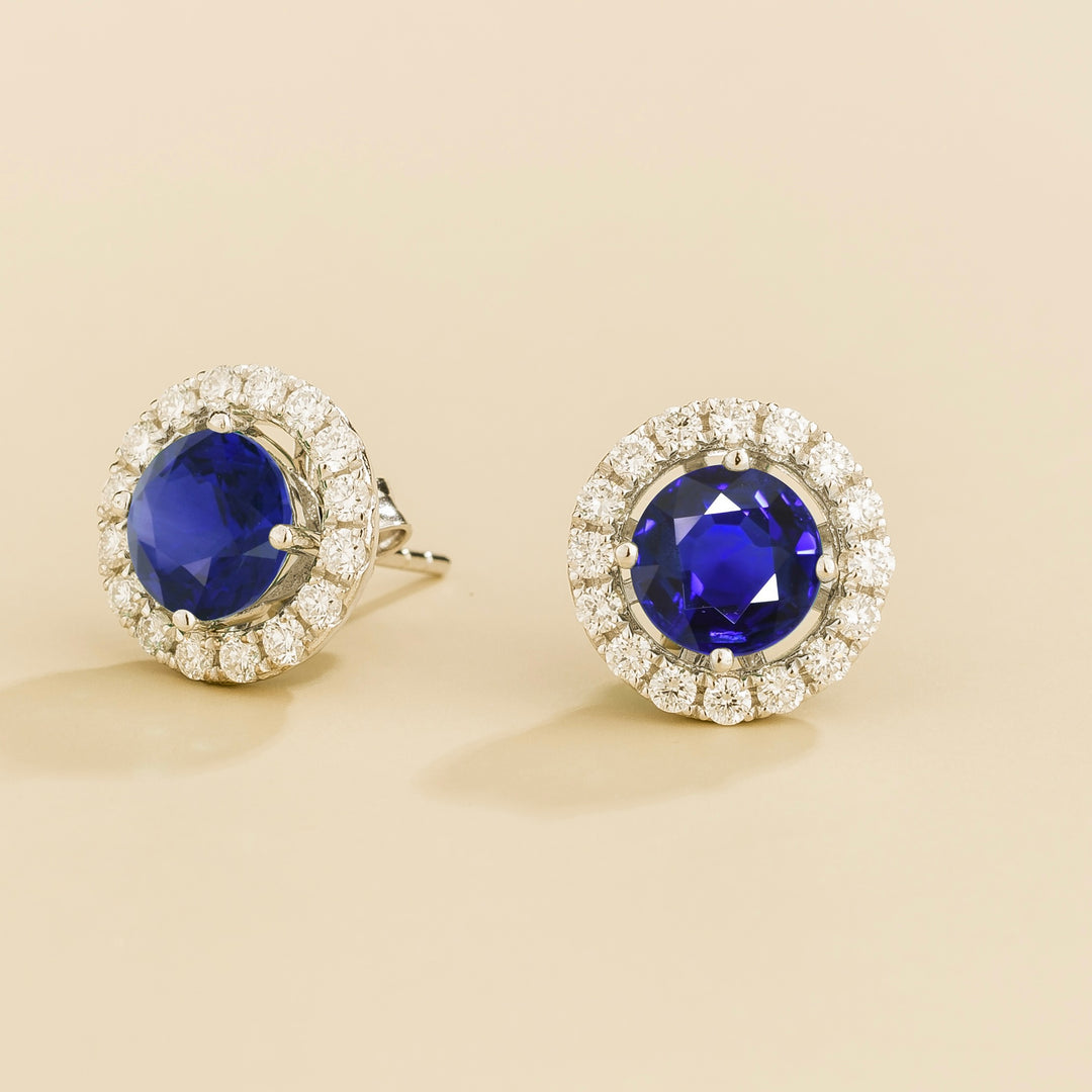 Floret White Gold Earrings Set With Blue Sapphire & Diamond