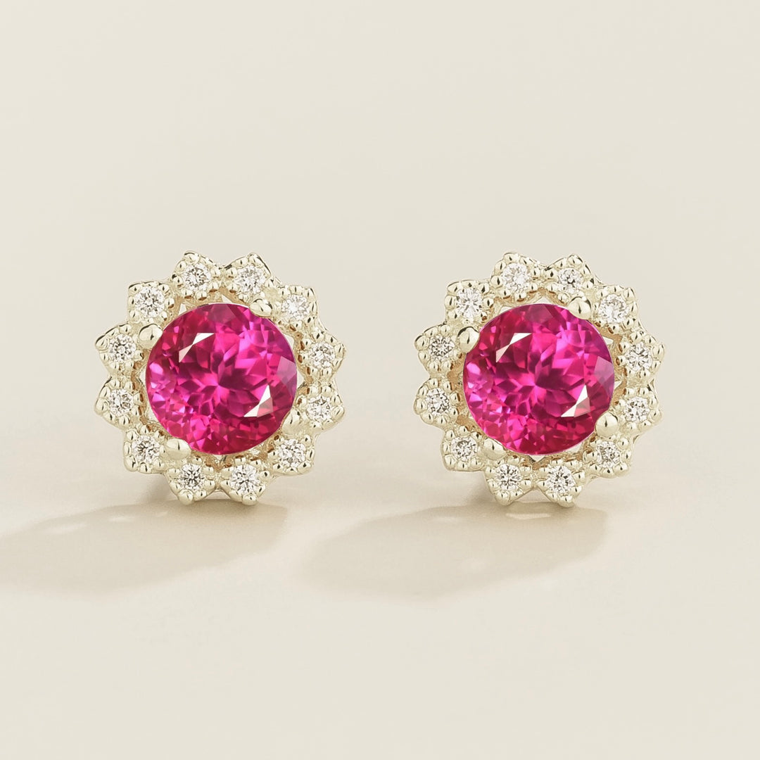 Solen White Gold Earrings Set With Vivid Pink Sapphire & Diamond