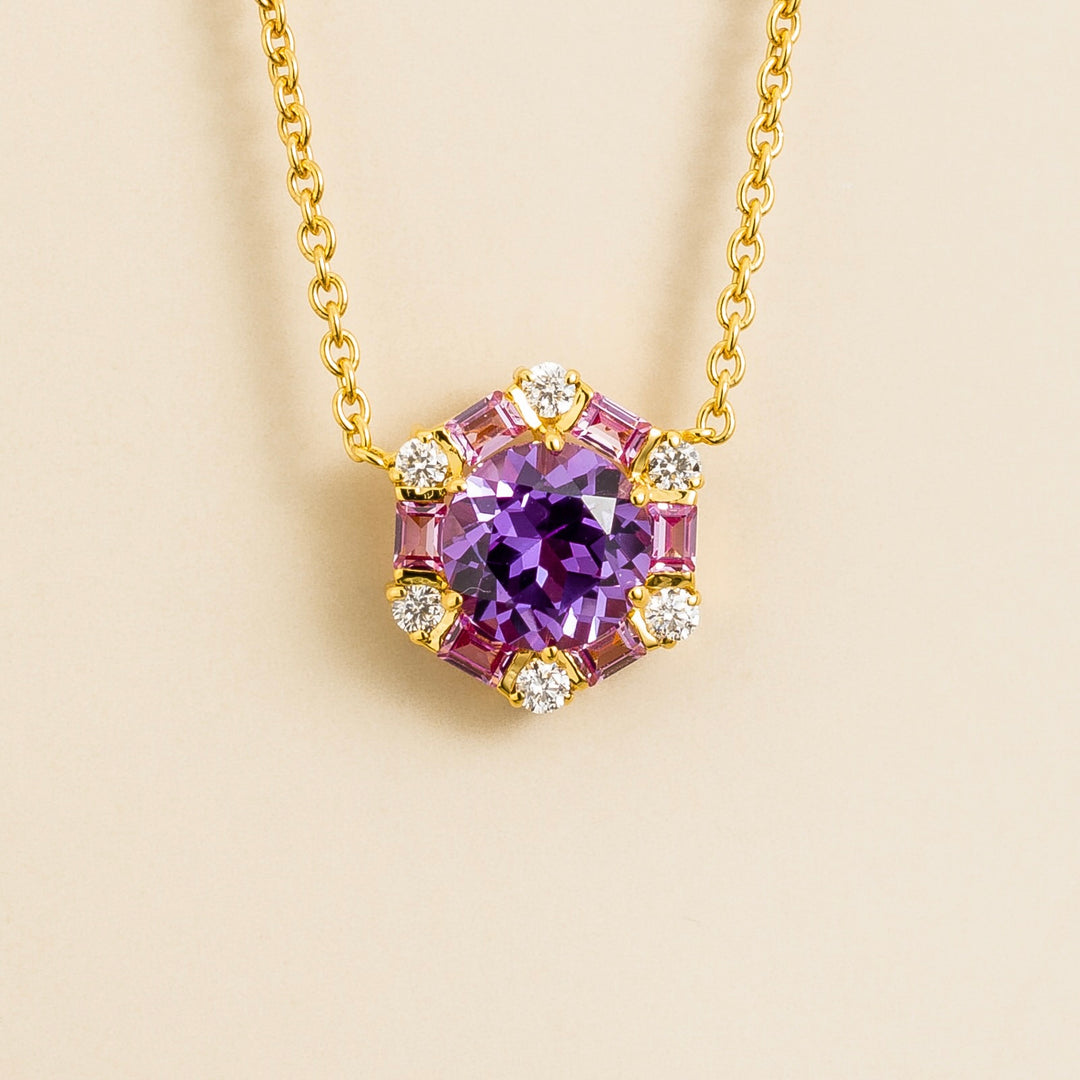 Melba Gold Necklace Set With Purple Sapphire, Pink Sapphire & Diamond