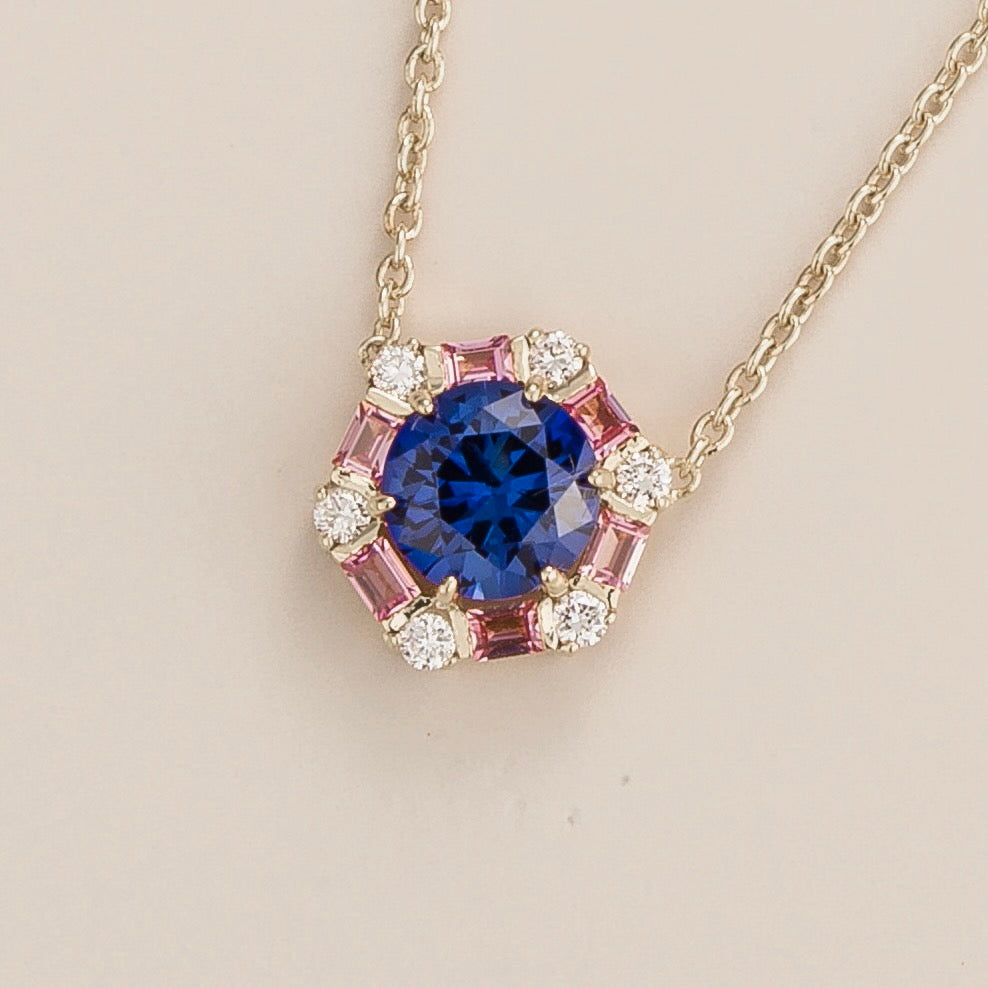 Melba White Gold Necklace Set With Blue Sapphire, Pink Sapphire & Diamond