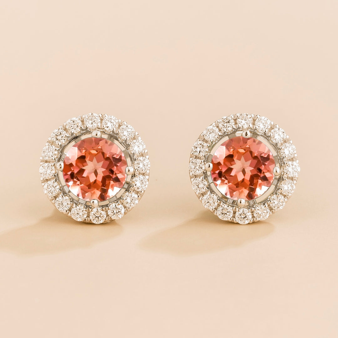 Floret White Gold Earrings Set With Padparadscha Sapphire & Diamond