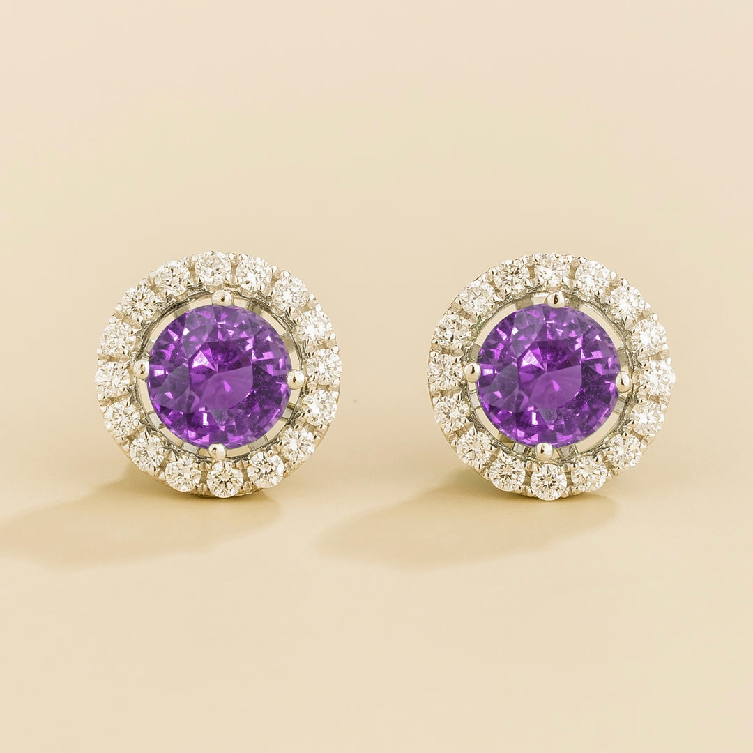 Floret White Gold Earrings Set With Purple Sapphire & Diamond