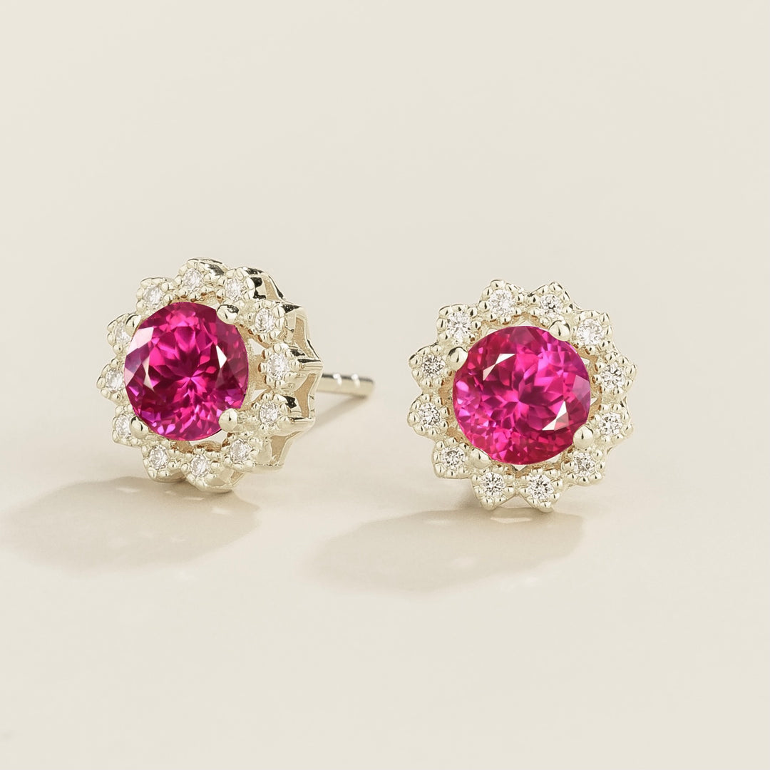 Solen White Gold Earrings Set With Vivid Pink Sapphire & Diamond