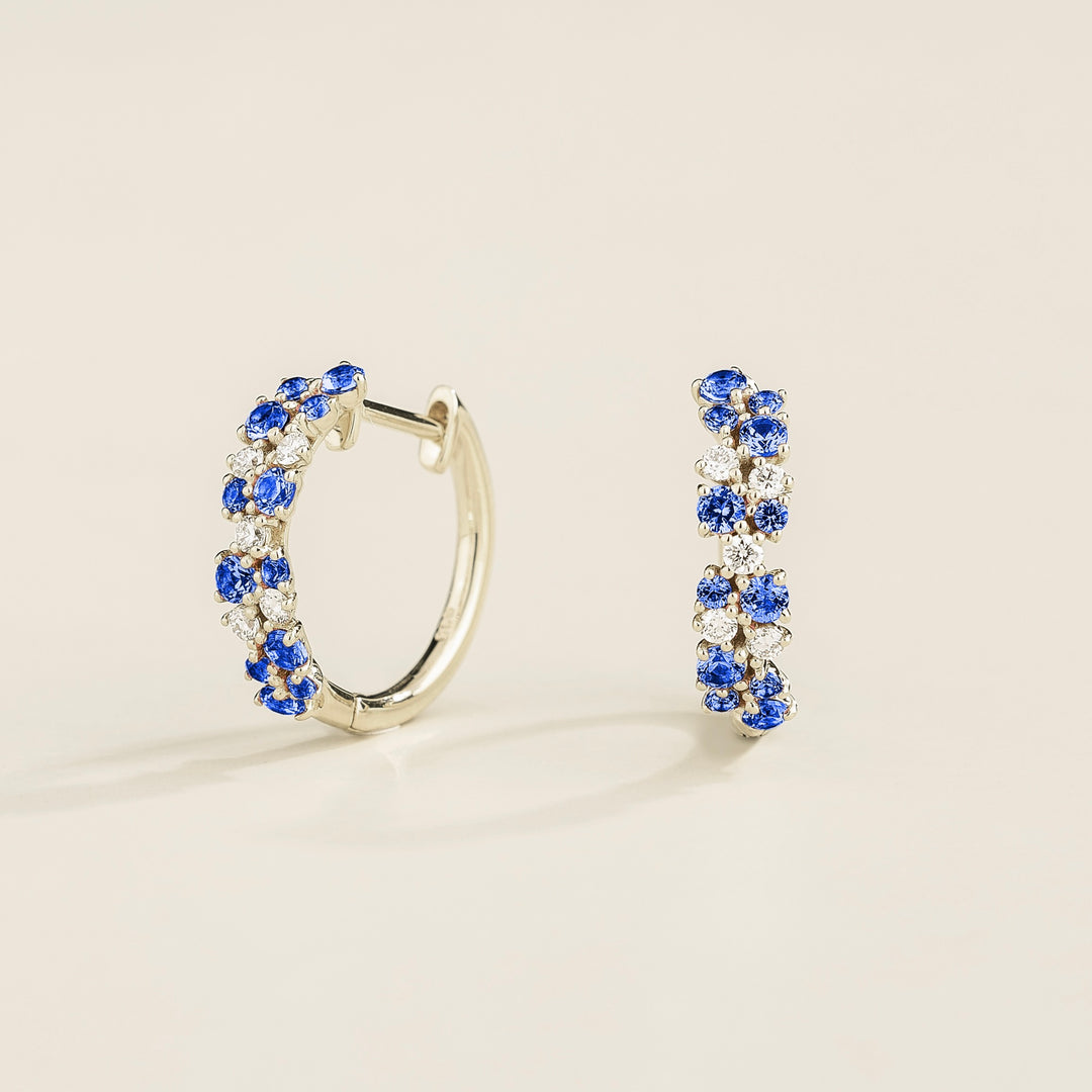 Starry White Gold Huggie Earrings set with Blue Sapphire & Diamond