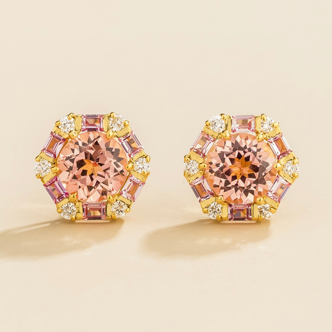 Melba Gold Earrings Set With Padparadscha Sapphire, Pink Sapphire & Diamond