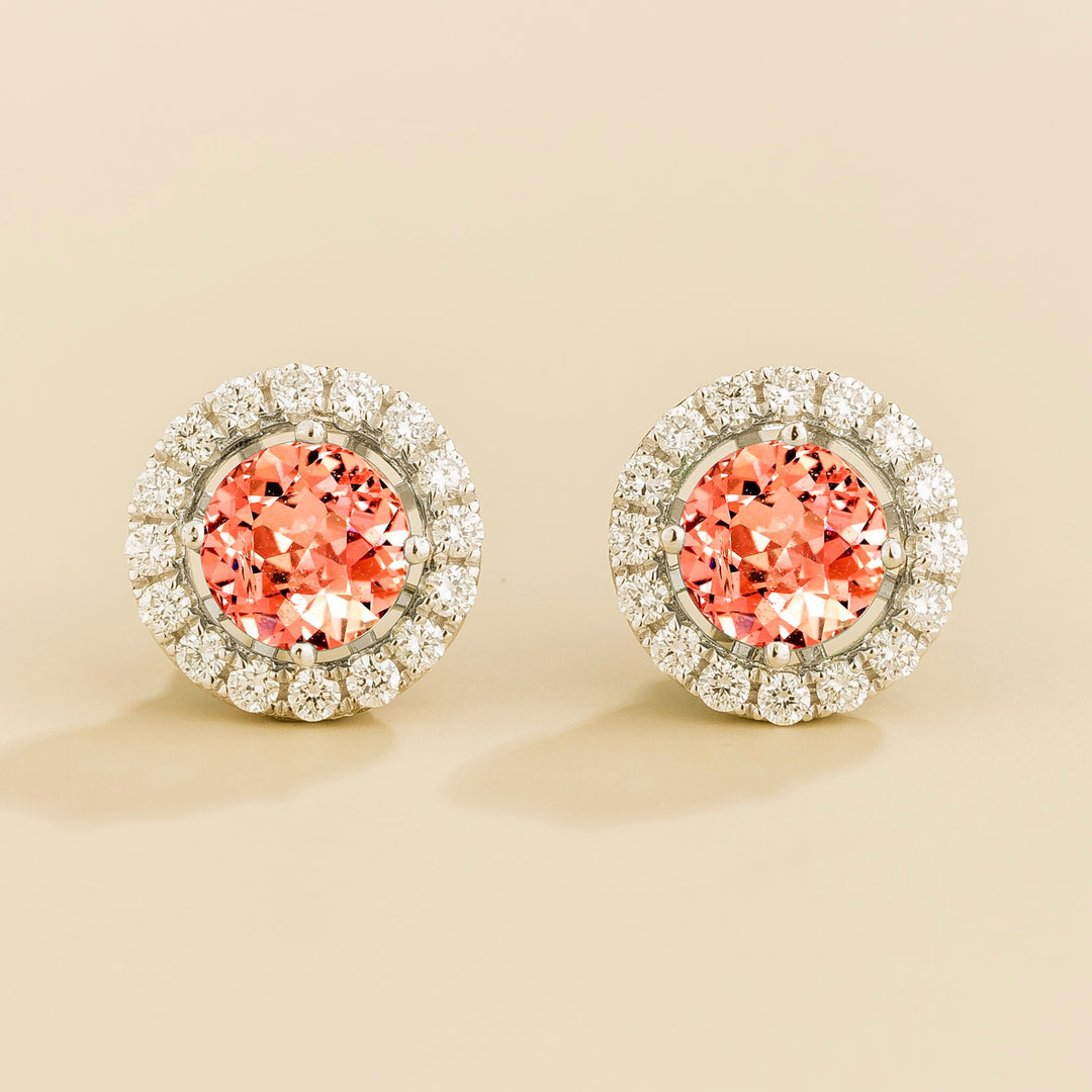 Floret White Gold Earrings Set With Padparadscha Sapphire & Diamond