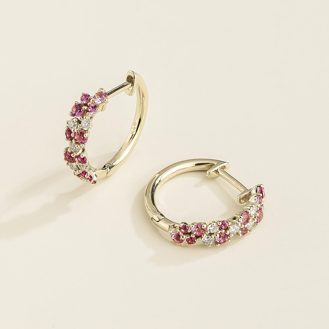 Starry White Gold Huggie Earrings set with Pink Sapphire & Diamond