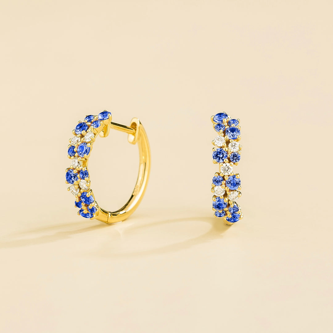 Starry Gold Huggie Earrings set with Blue Sapphire & Diamond