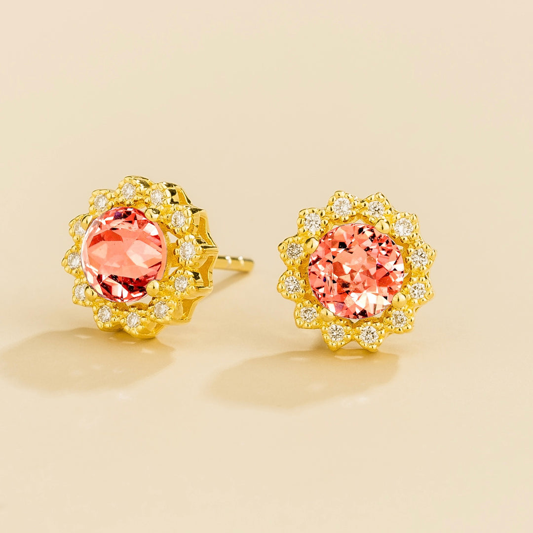 Solen Gold Earrings Set With Padparadscha Sapphire & Diamond