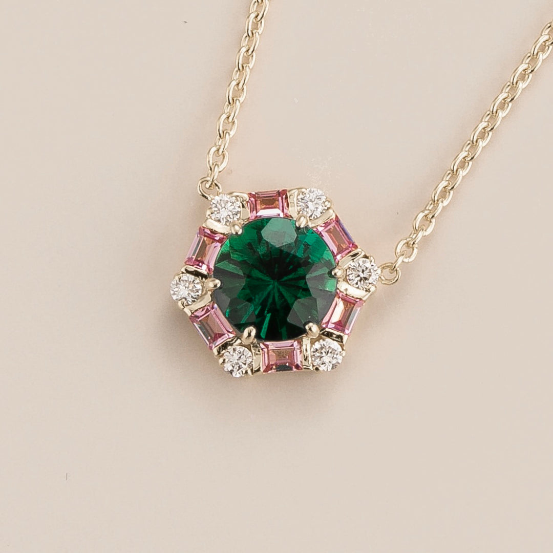 Melba White Gold Necklace Set With Emerald, Pink Sapphire & Diamond