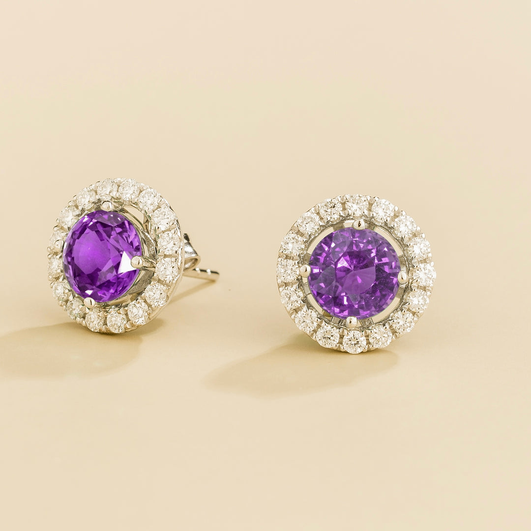 Floret White Gold Earrings Set With Purple Sapphire & Diamond