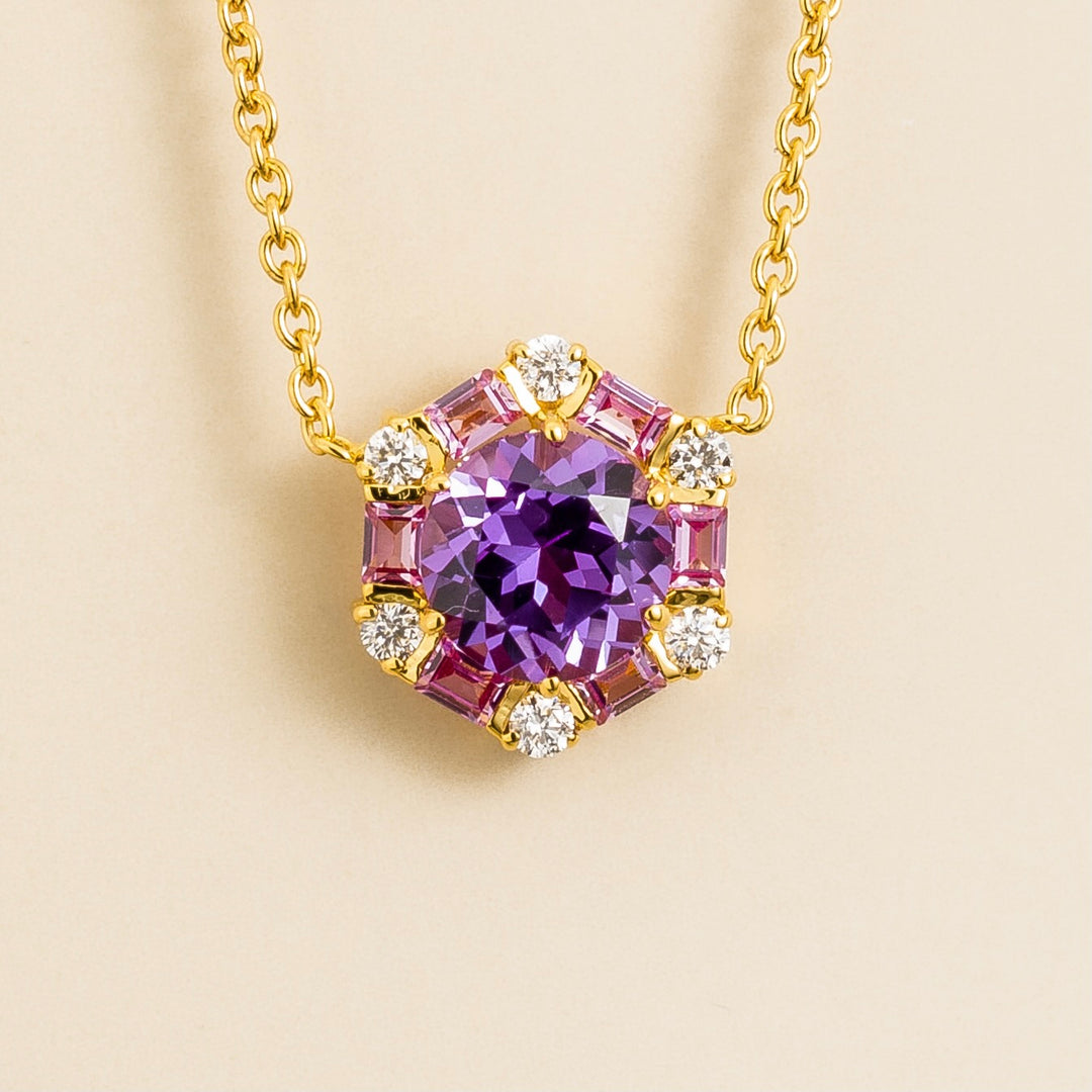 Melba Gold Necklace Set With Purple Sapphire, Pink Sapphire & Diamond