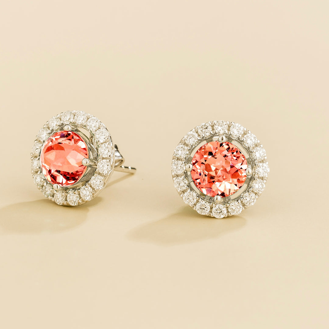 Floret White Gold Earrings Set With Padparadscha Sapphire & Diamond