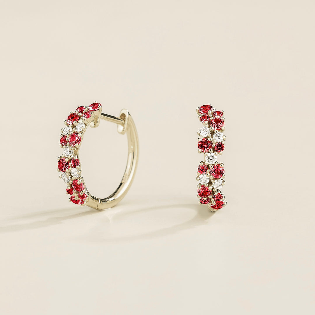 Starry White Gold Huggie Earrings set with Ruby & Diamond