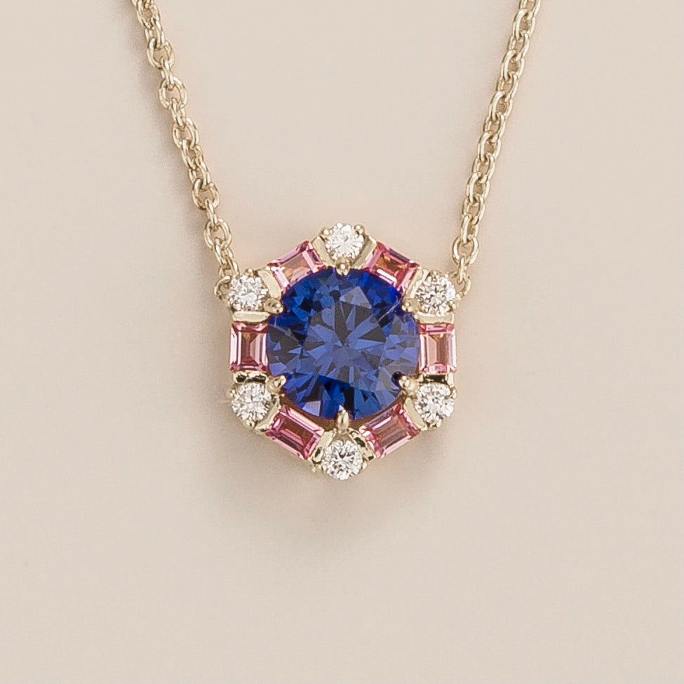 Melba White Gold Necklace Set With Blue Sapphire, Pink Sapphire & Diamond