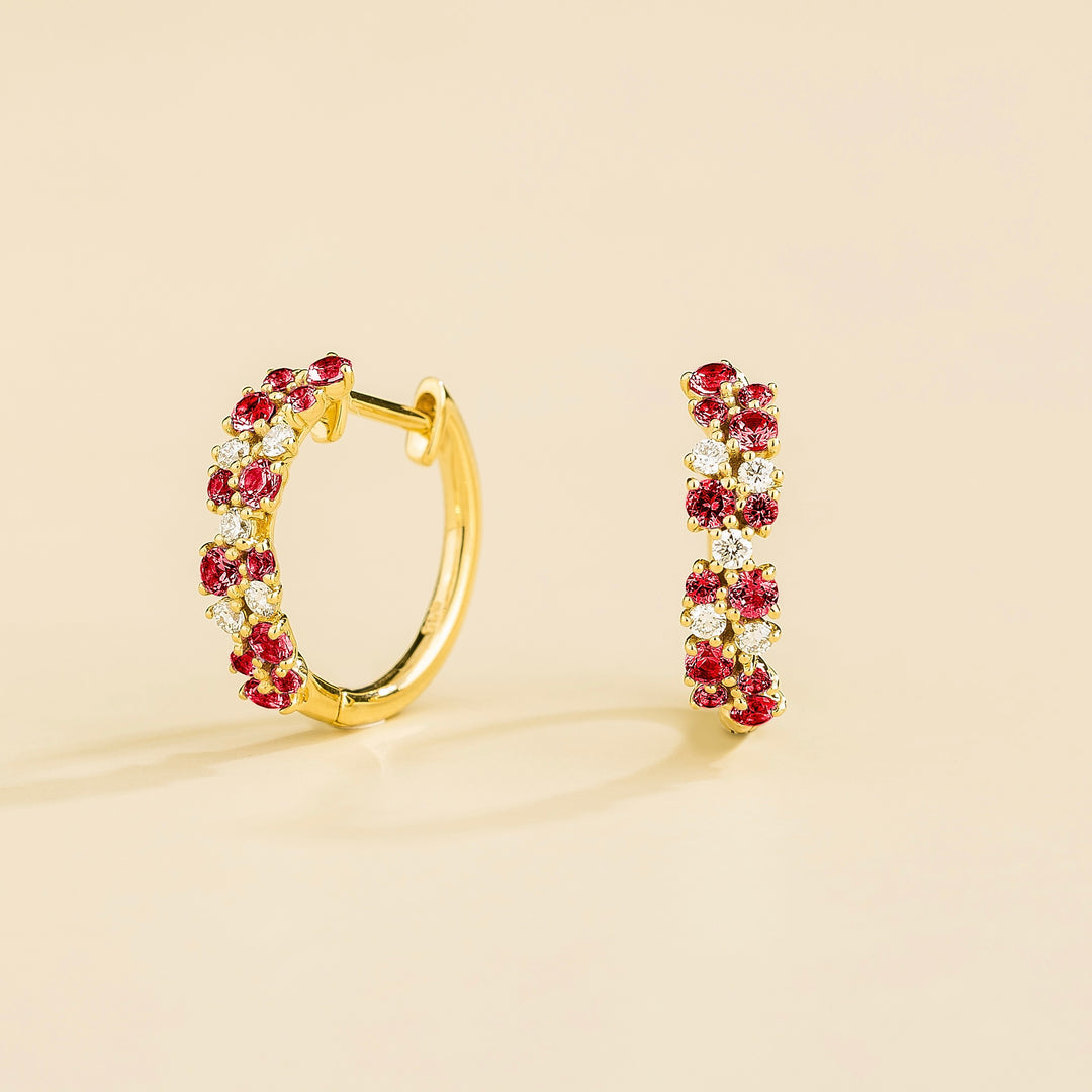 Starry Gold Huggie Earrings set with Ruby & Diamond