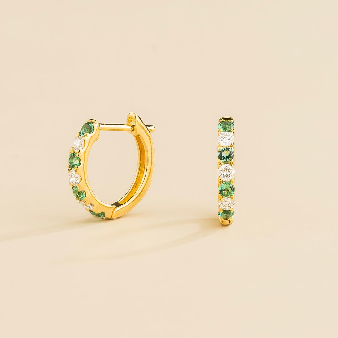 Ciclo Gold Huggie Earrings set with Emerald & Diamond