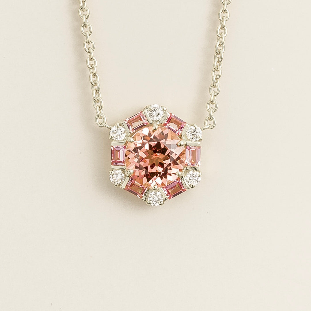 Melba White Gold Necklace Set With Padparadscha Sapphire, Pink Sapphire and Diamond