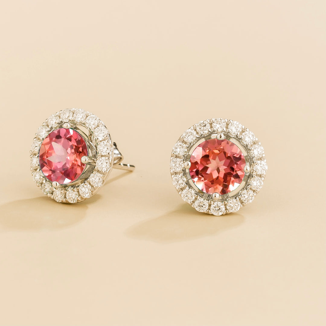 Floret White Gold Earrings Set With Padparadscha Sapphire & Diamond