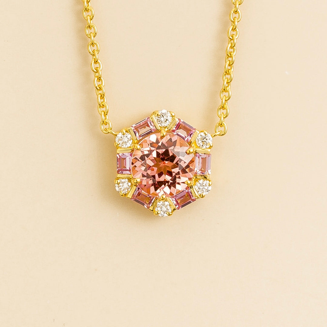 Melba Gold Necklace Set With Padparadscha Sapphire, Pink Sapphire and Diamond