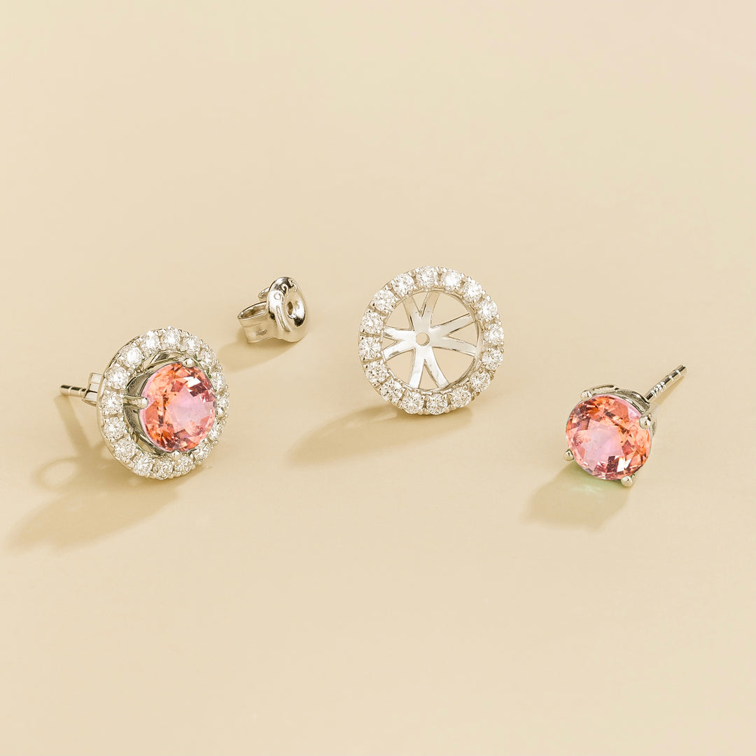 Floret White Gold Earrings Set With Padparadscha Sapphire & Diamond