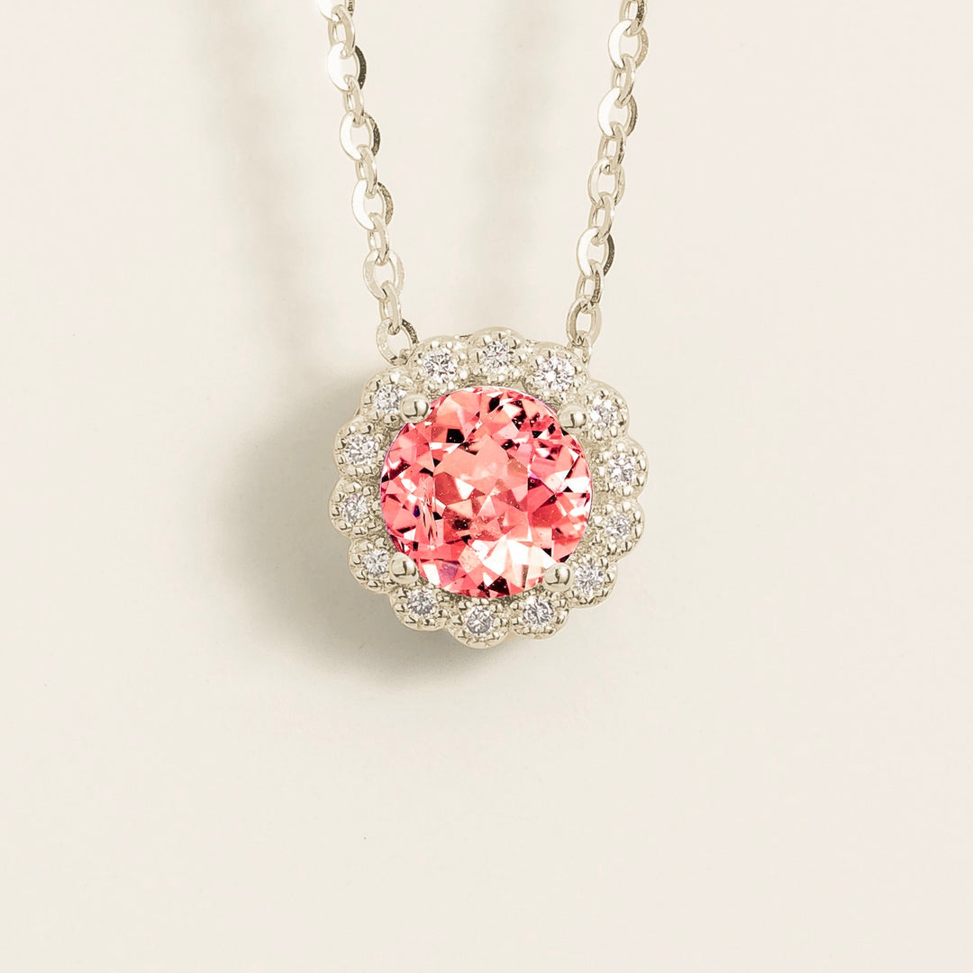 Solen White Gold Necklace Set With Padparadscha Sapphire & Diamond