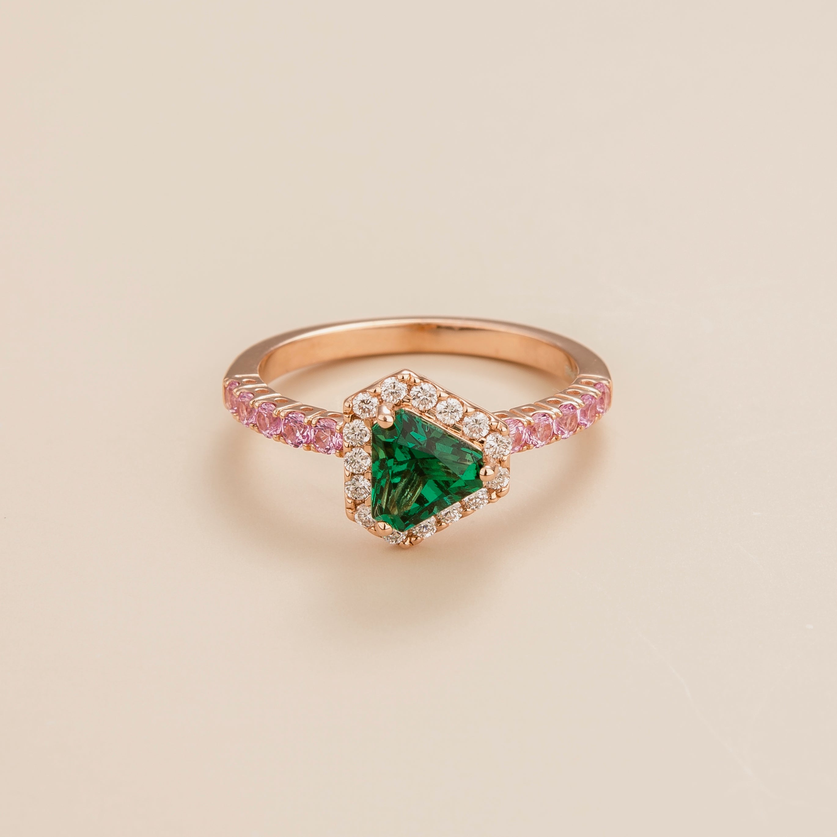 Diana Rose Gold Ring In Emerald, Diamond & Pink Sapphire – Juvetti