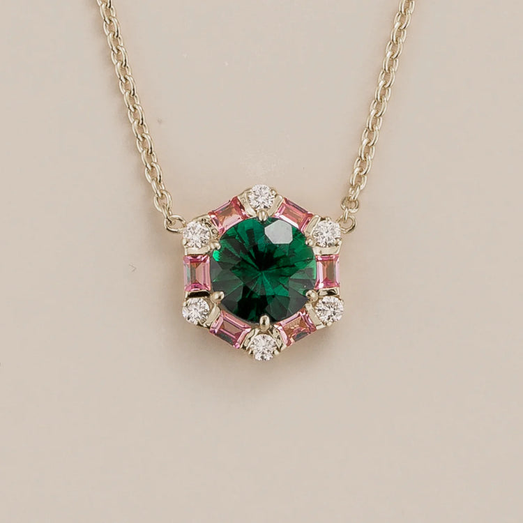 Emerald Earrings Juvetti Jewellery London Melba White Gold Necklace Set With Emerald, Pink Sapphire and Diamond