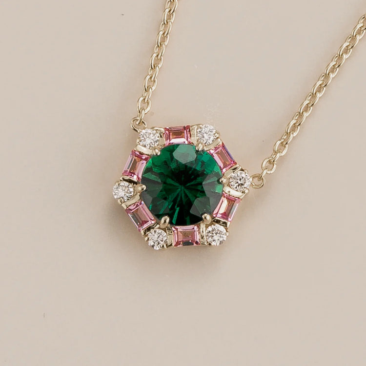 Emerald Earrings Juvetti Jewellery London UK Melba White Gold Necklace Set With Emerald Pink Sapphire and Diamond