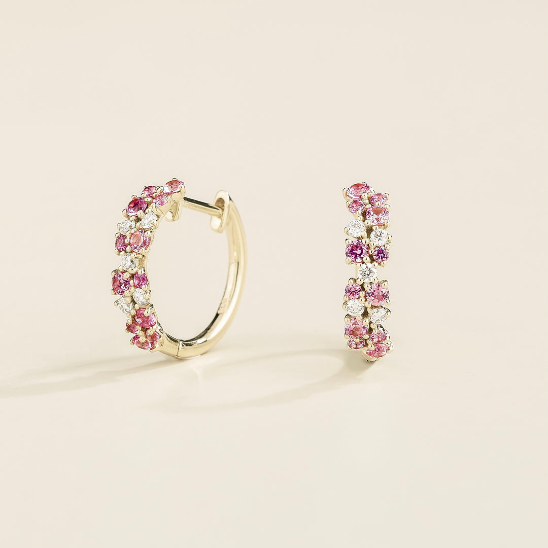 Starry White Gold Huggie Earrings set with Pink Sapphire & Diamond