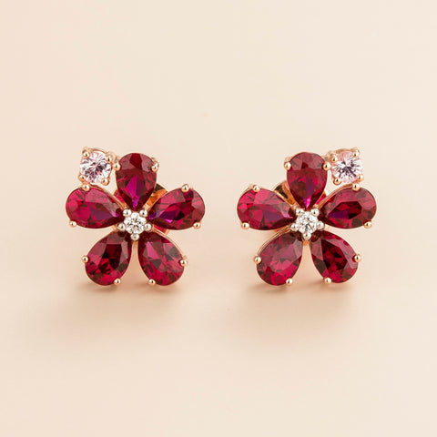 Emerald Earrings Juvetti Jewellery London Florea Rose Gold Earrings Ruby, Pink Sapphire and Diamond