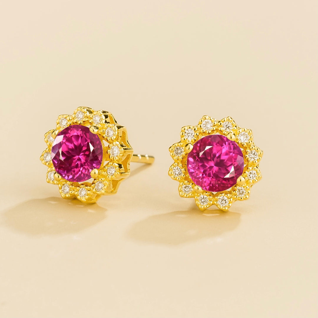 Solen Gold Earrings Set With Vivid Pink Sapphire & Diamond