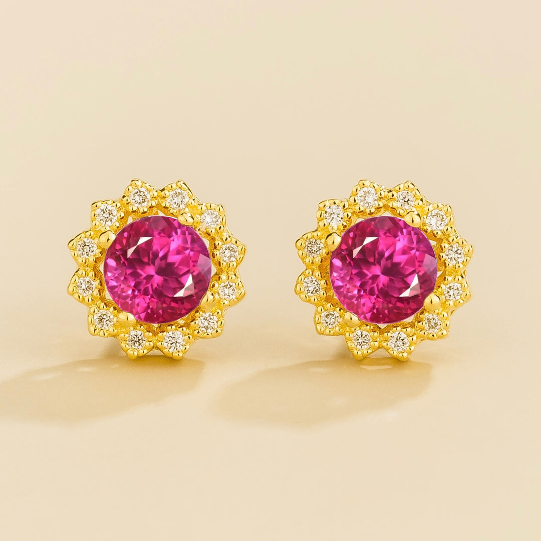 Solen Gold Earrings Set With Vivid Pink Sapphire & Diamond