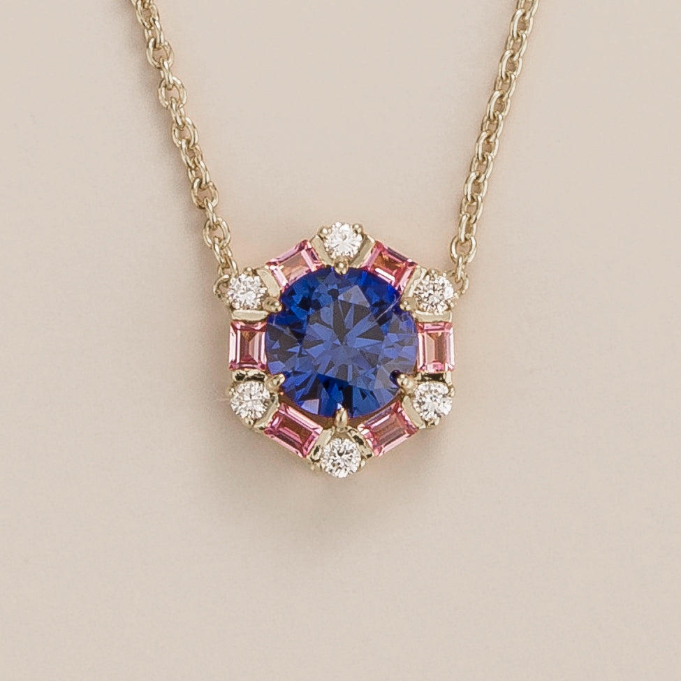 Melba White Gold Necklace Set With Blue Sapphire, Pink Sapphire & Diamond