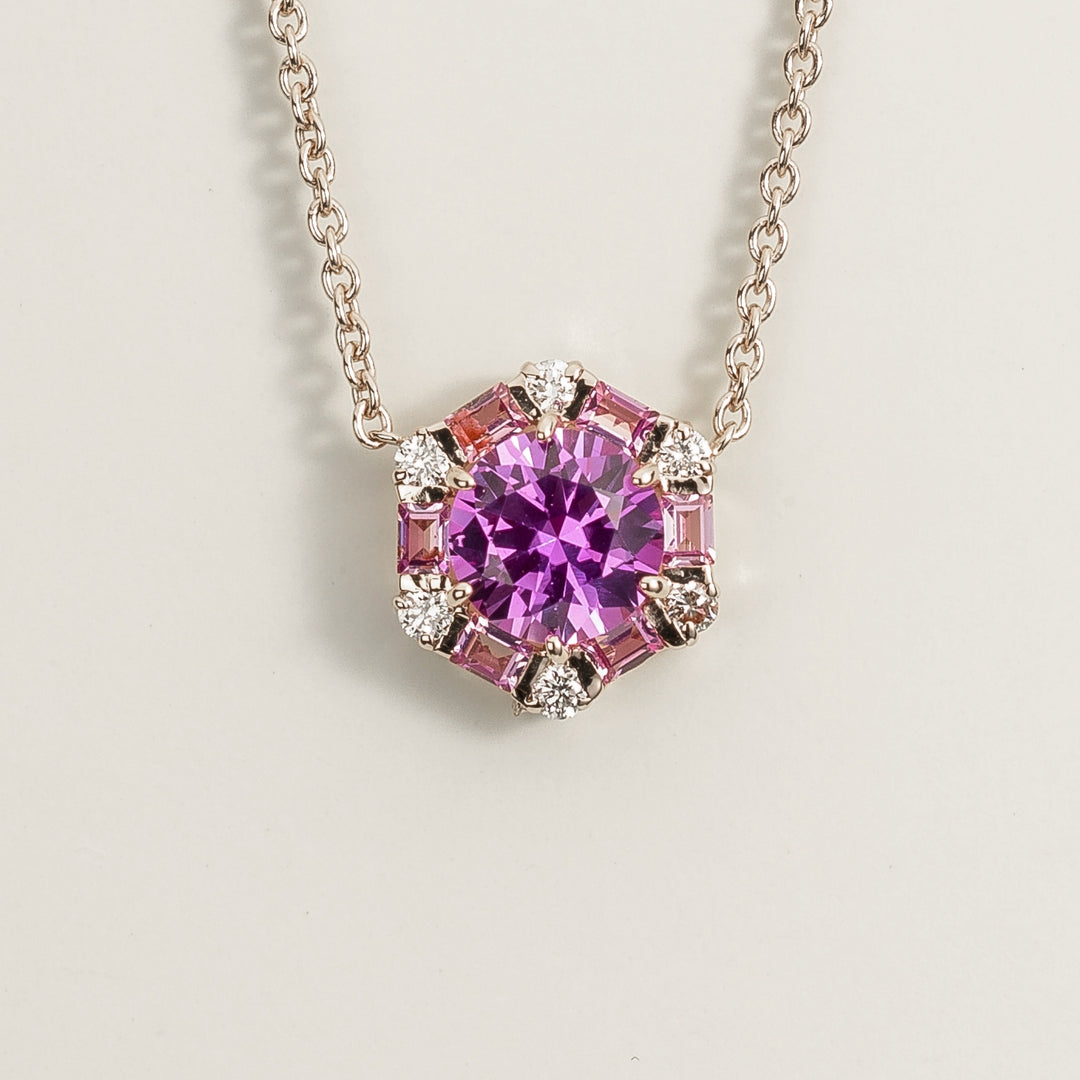 Melba White Gold Necklace Set With Purple Sapphire, Pink Sapphire & Diamond