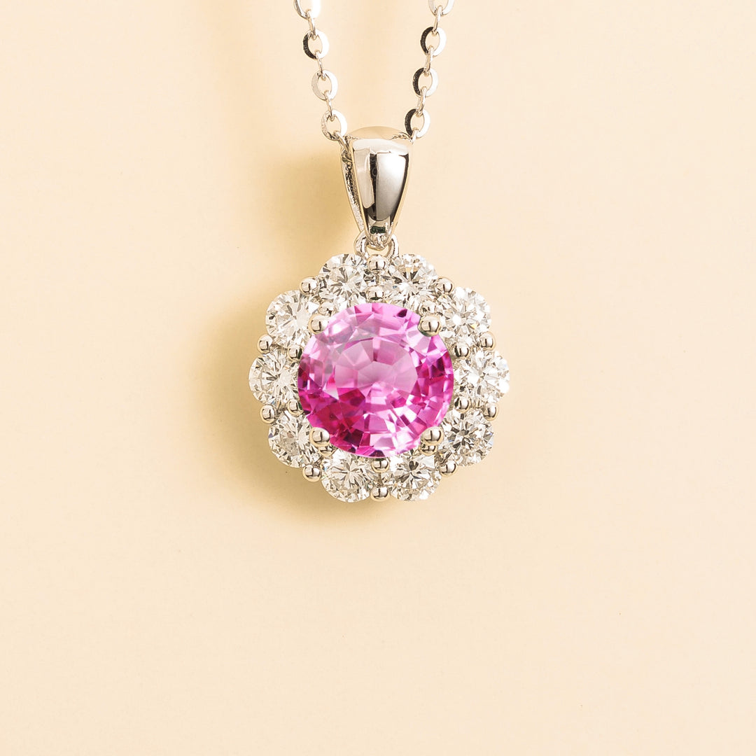 Floret White Gold Necklace Set With Pink Sapphire & Diamond