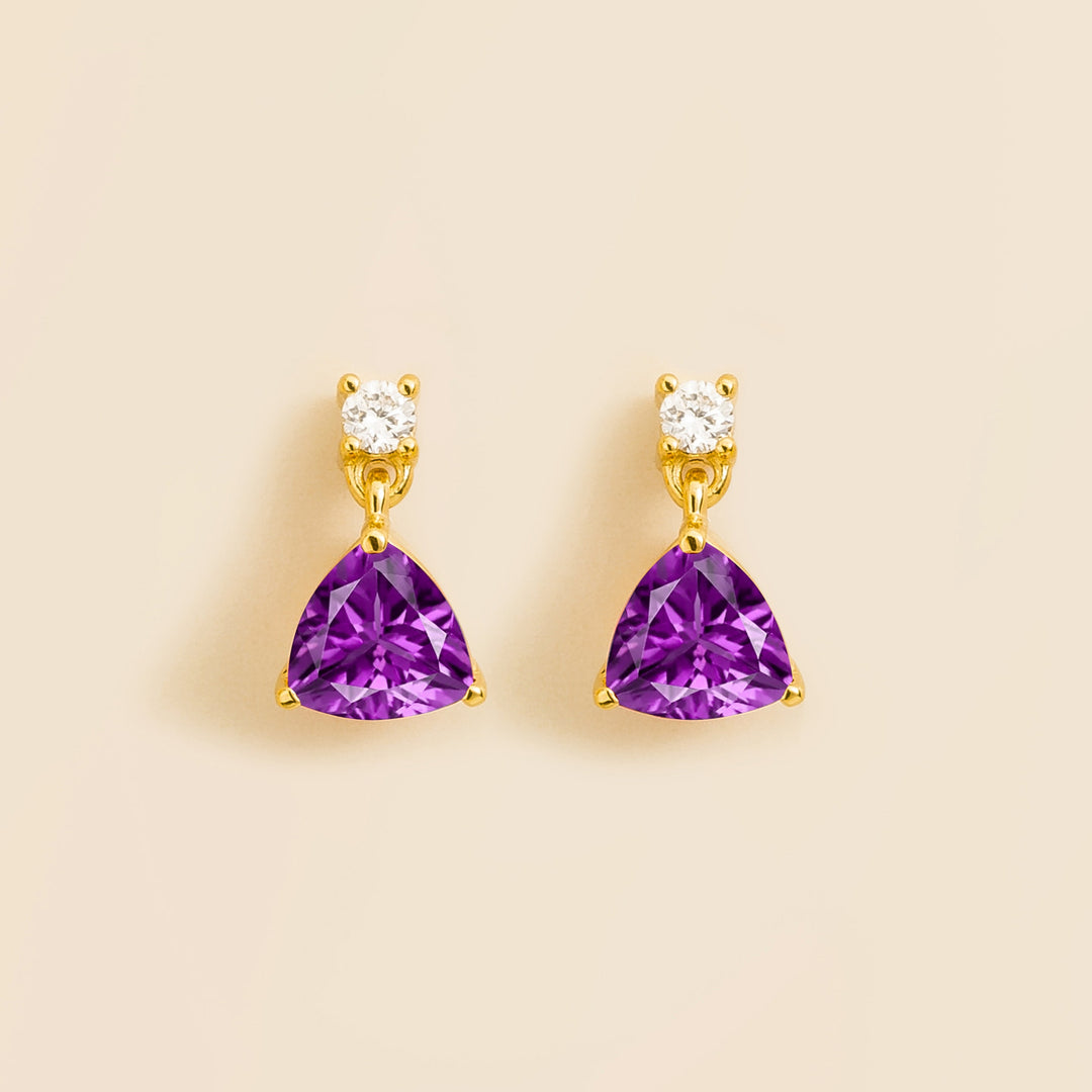 Trillion Gold Earrings Set With Purple Sapphire & Diamond