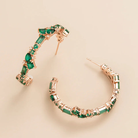 Emerald Earrings Juvetti Jewellery London Lanna Large Hoop Earrings In Emerald and Diamond Set In Rose Gold