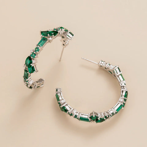 Emerald Earrings Juvetti Jewellery London Lanna Large Hoop Earrings In Emerald and Diamond Set In White Gold