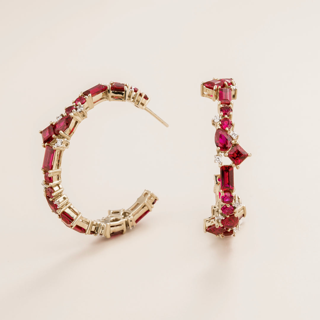 Lanna Large Hoop Earrings In Ruby and Diamond Set In White Gold By London Jewellery Juvetti