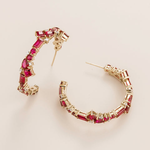 Emerald Earrings Juvetti Jewellery London Lanna Large Hoop Earrings In Ruby and Diamond Set In White Gold