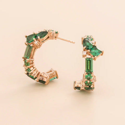 Emerald Earrings Juvetti Jewellery London Lanna Medium Hoop Earrings In Emerald and Diamond Set In Rose Gold