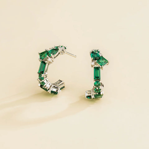 Emerald Earrings Juvetti Jewellery London Lanna Medium Hoop Earrings In Emerald and Diamond Set In White Gold