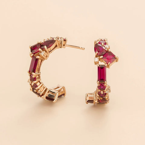 Emerald Earrings Juvetti Jewellery London Lanna Medium Hoop Earrings In Ruby and Diamond In Rose Gold