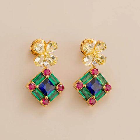 Emerald Earrings Juvetti Jewellery London Medina Gold Earrings In Yellow Sapphire, Royal Blue Sapphire, Emerald and Diamond