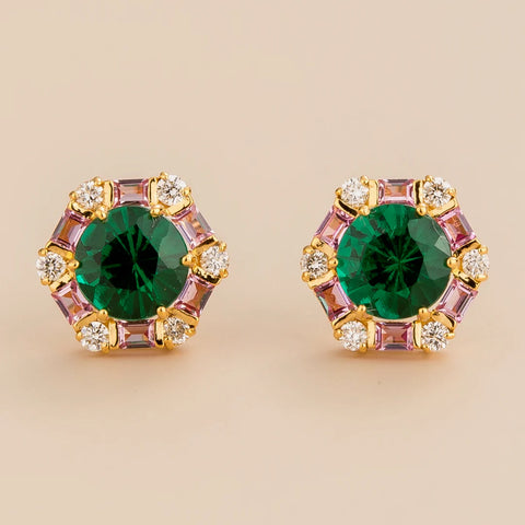 Emerald Earrings Juvetti Jewellery London Melba Gold Earrings Set With Emerald, Pink Sapphire and Diamond
