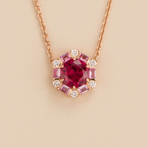 Ruby Necklace Juvetti Jewellery London Melba Rose Gold Necklace Set With Ruby, Pink Sapphire and Diamond