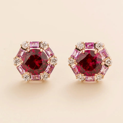 Emerald Earrings Juvetti Jewellery London Melba Rose Gold Earrings Set With Ruby, Pink Sapphire and Diamond