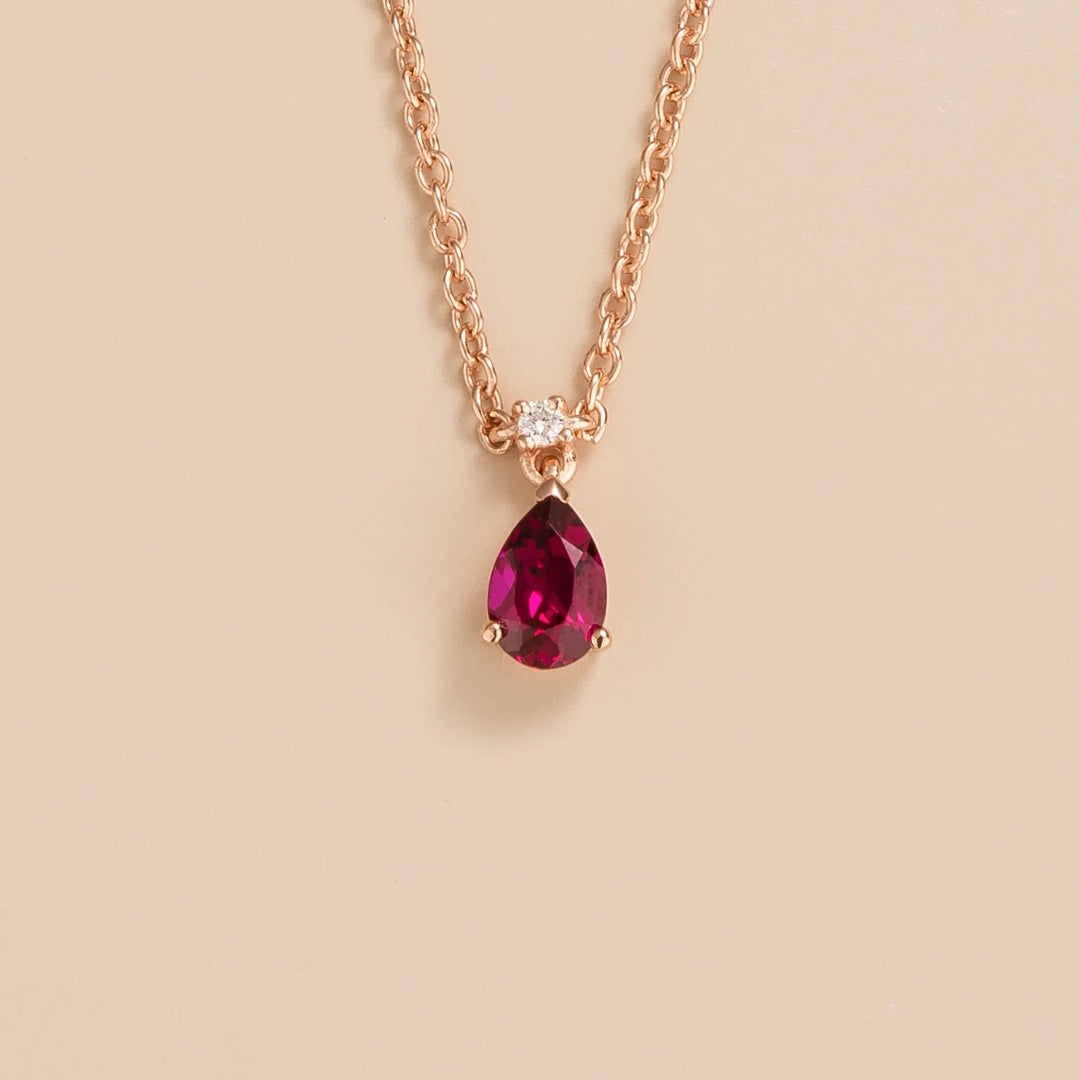 Ruby Necklace Juvetti Jewellery London Ori Small Pendant Necklace In Ruby and Diamond Set In Rose Gold