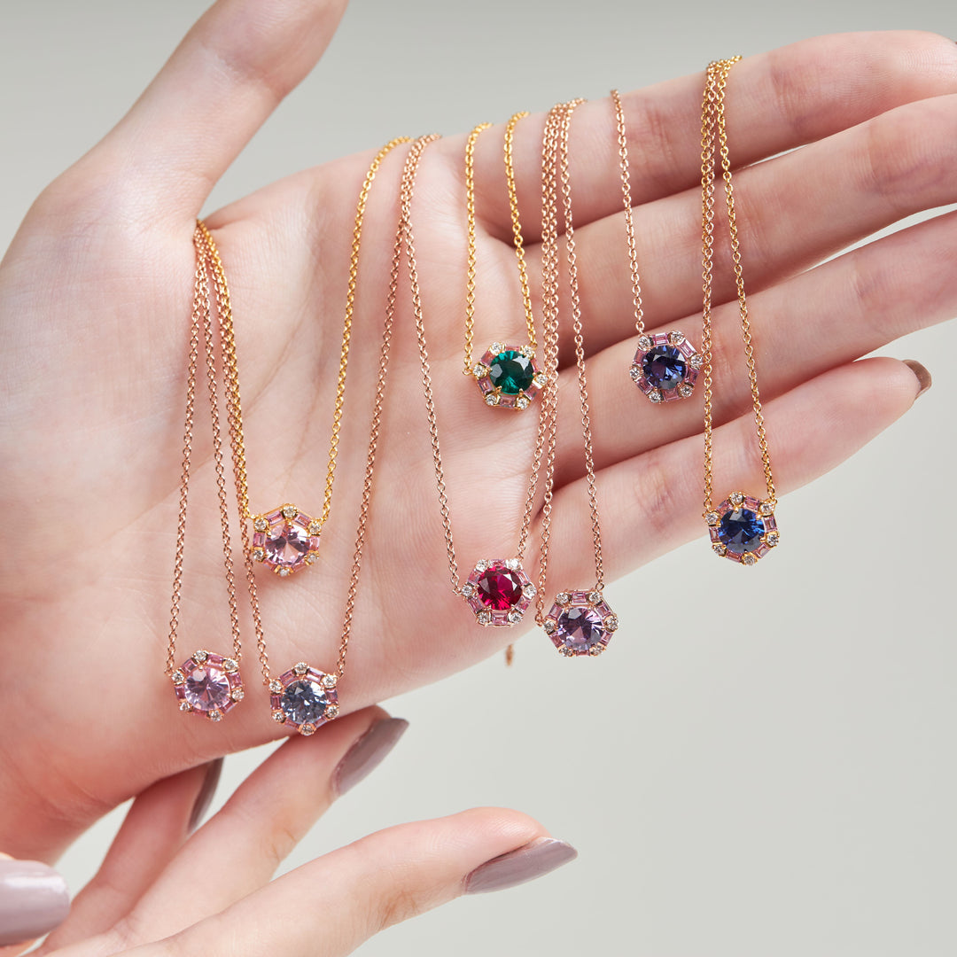 Melba Gold Necklace Set With Purple Sapphire, Pink Sapphire & Diamond